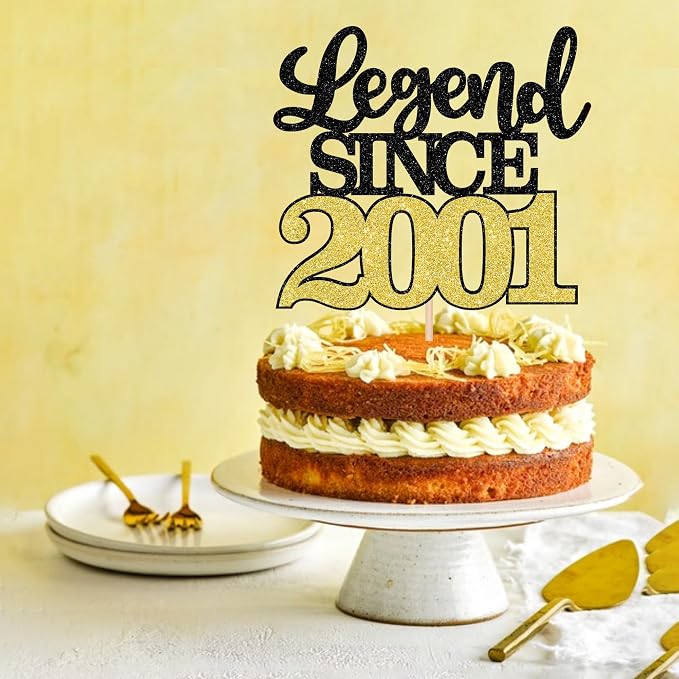 1 PCS Legend Since 2001 Cake Topper Black Gold Glitter Twenty Five Happy 25th Birthday Cake Pick Hello 25 Cheers to 25 Years Cake Decoration for 25th Birthday Anniversary Party Decorations Supplies