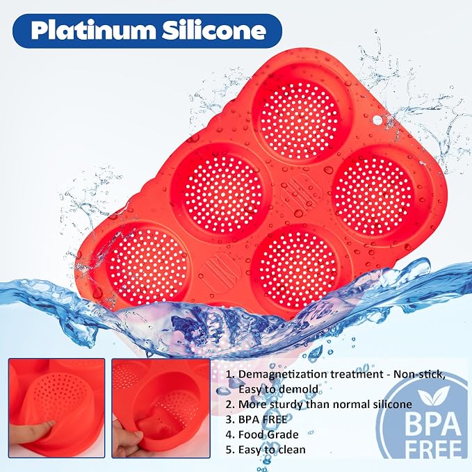 Silicone Hamburger Bun Mold and Bagel Pan, 6 Donut Inserts, 4 Inch | Hamburger Bun and Bagel Mold, Food-Grade Platinum Silicone, Non-Stick, Dishwasher Safe, 6PCS Donut Inserts Included