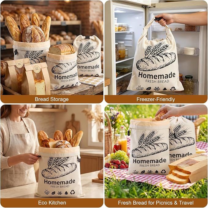 2 Pack Beeswax Bread Bags for Sourdough, XL Reusable Organic Linen Beeswax Bread Bag for Homemade Sourdough Food Storage Cloth Bag with 20 Paper Bread Bags, Freezer-Friendly Freshness Preservation