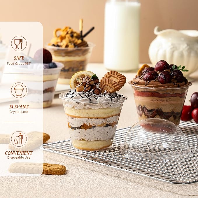 AOZITA 50 Sets, 9 oz Clear Plastic Cups with Dome Lids (No Hole) - Disposable Cups for Ice Cream,Cake,Fruit,Parfait, Dessert, Pudding and Jello Shot