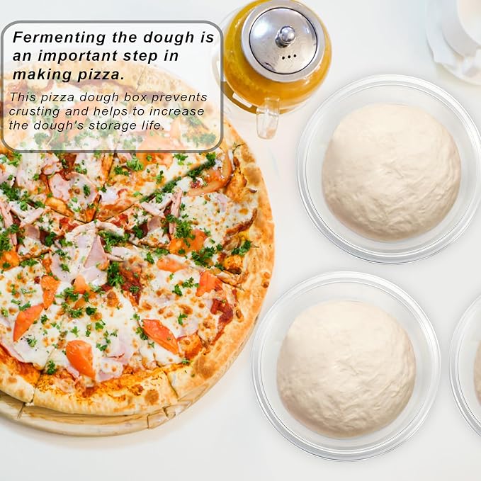 BSTKEY Round Pizza Dough Proofing Boxes, Set of 9 Stackable Food Storage Containers with Lid, 700ml Clear Plastic Tray Fits for 235 Gram Pizza Dough, For Making within 10" Pizzas