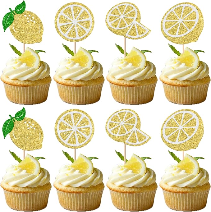 Rsstarxi 24 Pack Yellow Lemon Cupcake Toppers Glitter Fruit Lemon Cupcake Picks for Baby Shower Birthday Anniversary Party Cake Decorations Supplies