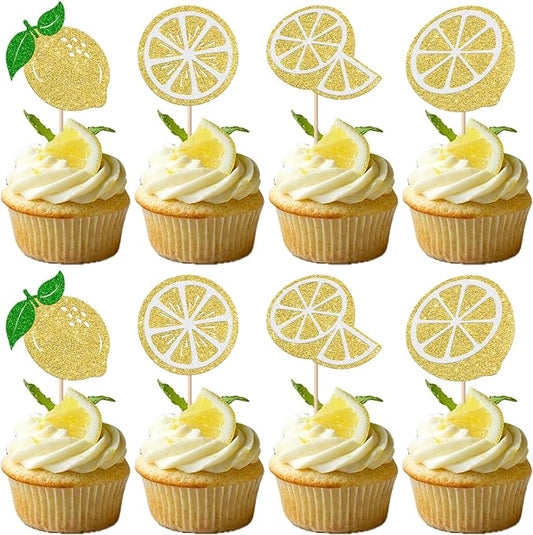 Rsstarxi 24 Pack Yellow Lemon Cupcake Toppers Glitter Fruit Lemon Cupcake Picks for Baby Shower Birthday Anniversary Party Cake Decorations Supplies