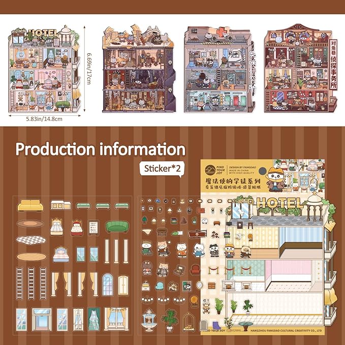 Girls 3D Miniature Scene Stickers, 4 Sets Magic Apprentice DIY House Stickers for Archaeological,Detective,Laboratory,Hotel,Cute 3D Cartoon Scene Stickers for Adult Kids Relief Stress Pass The Time
