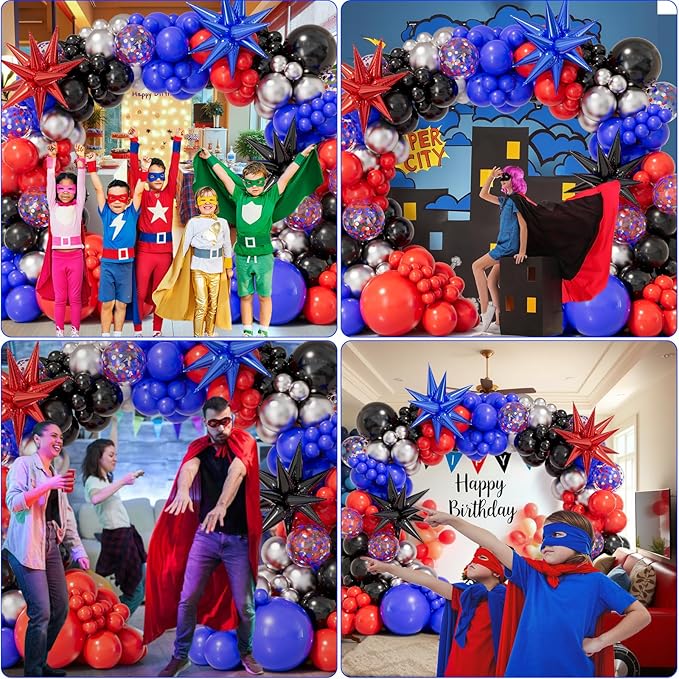 Bonropin 159pcs Black Red and Blue Balloons Arch Garland Kit, Spider Theme Balloon Arch with Explosion Star Balloons for Men Baby Shower Spider Theme Birthday Party Decorations