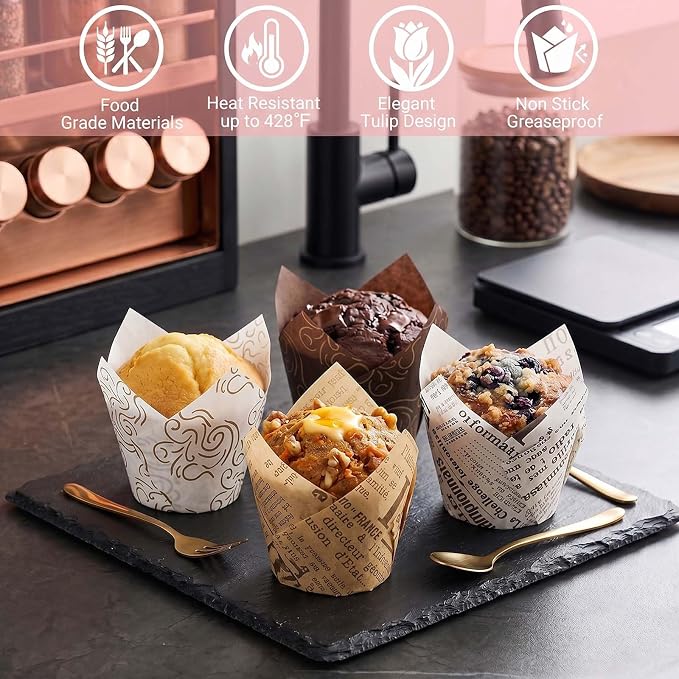 200 Pcs Newspaper Tulip Cupcake Liners for Baking, Newspaper and Stripe | Standard Greaseproof Tulip Muffin Liners for Baking, 3oz Paper Cupcake Wrappers for Party Wedding Birthday