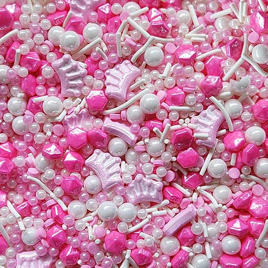 PhilaeEC Pink Princess Sprinkle Crown Pearl Mix Candy Edible Princess Theme Party Cake Decoration Baking Cookie Cupcake Toppers Valentines Halloween Christmas Supplies 3.53oz