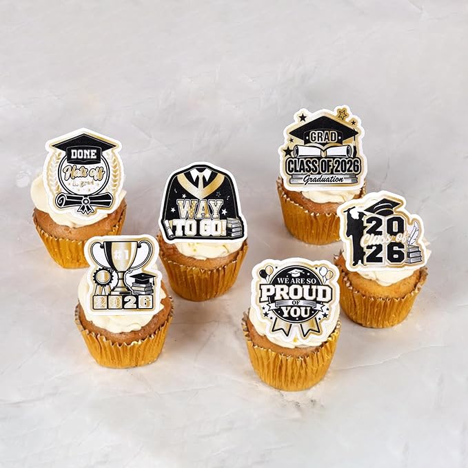 60 PCS Edible 2026 Graduation Cupcake Toppers Diploma Congrats Grad Cap Cupcake Picks Edible Done You Did it Cake Decorations for Class of 2026 Graduation Theme Party Decorations Supplies Black Gold