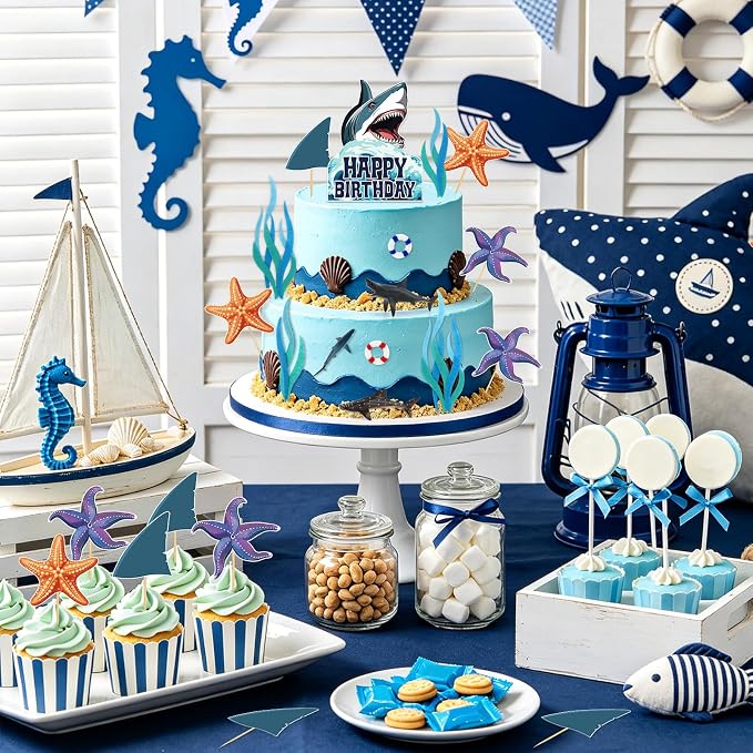 Hooqict 24Pcs Shark Cake Decorations Set with Mini Sea Animals Shark Cake Toppers & Cupcake Toppers for Ocean Theme Under the Sea Birthday Party Decorations Supplies