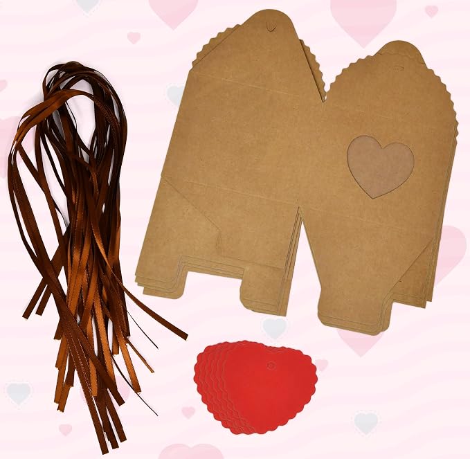 Gift Boutique Heart Gift Boxes 24 Pack Kraft Paper Favor Boxes with Heart Window Ribbon and Tags for Candy Cookies Treats Weddings Showers Party Favors