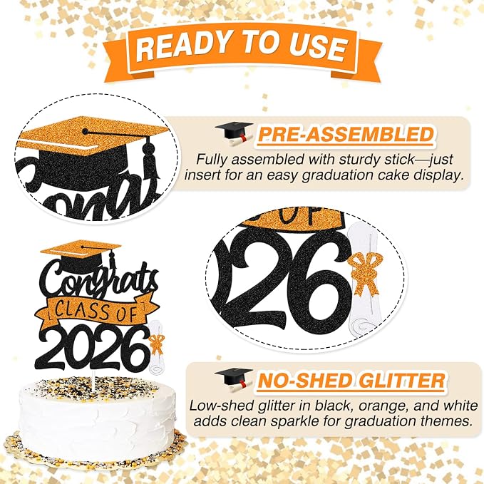 Congrats Class of 2026 Cake Topper Congrats Grad Cap Diploma Theme for High School Happy Graduation Party Supplies College Graduate Decoration (Orange)