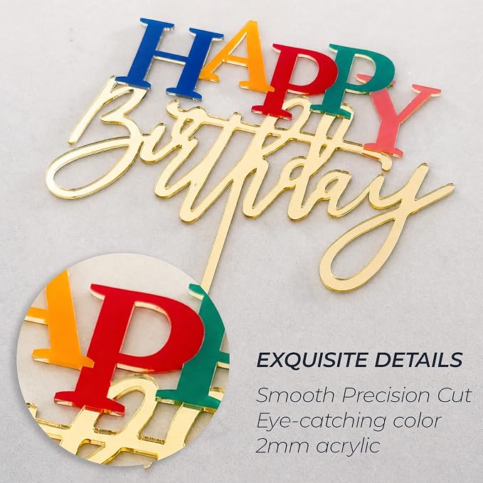 Acrylic Birthday Cake Topper, 7.5" x 6" Happy Birthday Sign for Cake (Gold & Rainbow)