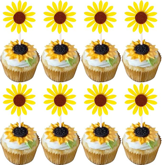 30 Pack Sunflower Cupcake Toppers Glitter Baby Shower Sunflower Cupcake Picks for Gender Reveal Theme Baby Shower 1st Birthday Party Cake Decorations Supplies Yellow