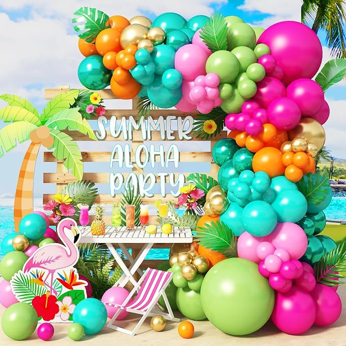 Tropical Luau Balloon Arch Garland Kit, Hot Light Pink Olive Green Orange Teal Metallic Gold Green Summer Hawaiian Balloons for Kids Summer Beach Aloha Pool Birthday Baby Shower Party Decorations