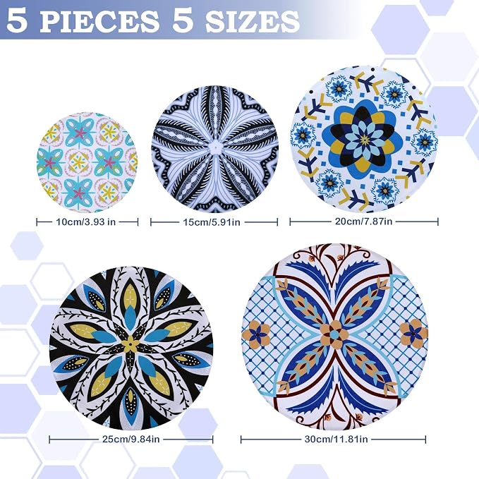 5-Size Reusable Beeswax Bowl Covers for Bread Proofing, Cotton Cloth Flexible Beeswax Wraps for Food Storage(Moroccan Style)
