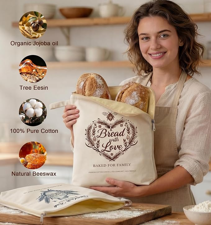 2 Pack Beeswax Bread Bags for Homemade Bread - XL 13x17in Reusable Sourdough Bread Bags with Wide Zipper Access, Organic Linen Cotton Freezer Safe Eco-Friendly Fresh Storage