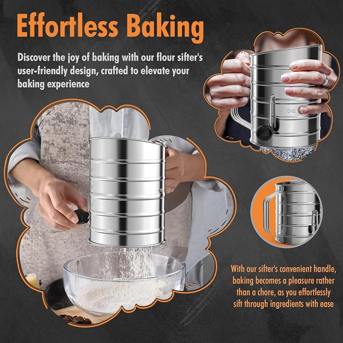 Flour Sifter For Baking, Fine Mesh Hand Crank Flour Sifter With 4 Wire Agitator Loop for Baking Stainless Steel Sifter for Powdered Sugar for Baking, Large Flour Sifter Tools 3 Cup Sets
