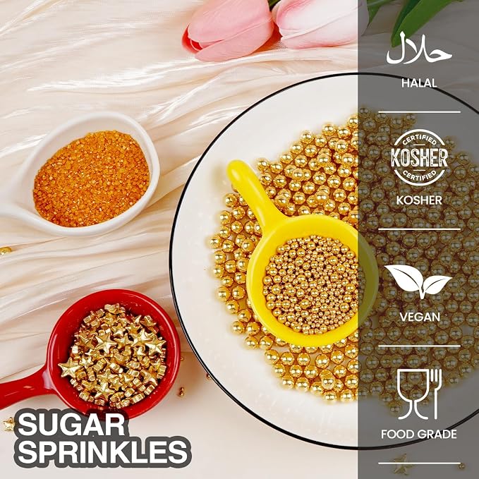 Edible Gold Pearl Sprinkles for Cake Decorating, 160g/5.64oz, Gold Sugar Sanding and Star Sprinkles for Cupcake, Cookie, Baking Cake Decorations, Holiday, Wedding Party, Valentine's Day Supplies