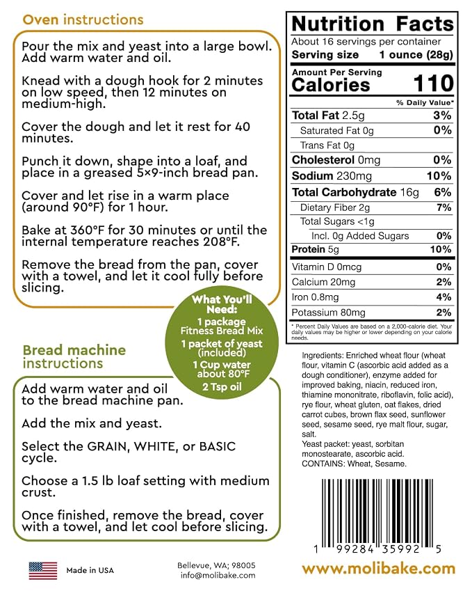 Molibake Fitness Bread Mix – All-Natural High-Fiber Bread Mix for Bread Machine and Oven – 15 oz – Whole Grain Breads Mix with Carrots, Oats, Flax, Sunflower & Sesame Seeds – Easy-to-Use Breads Maker Mix for Homemade Baking
