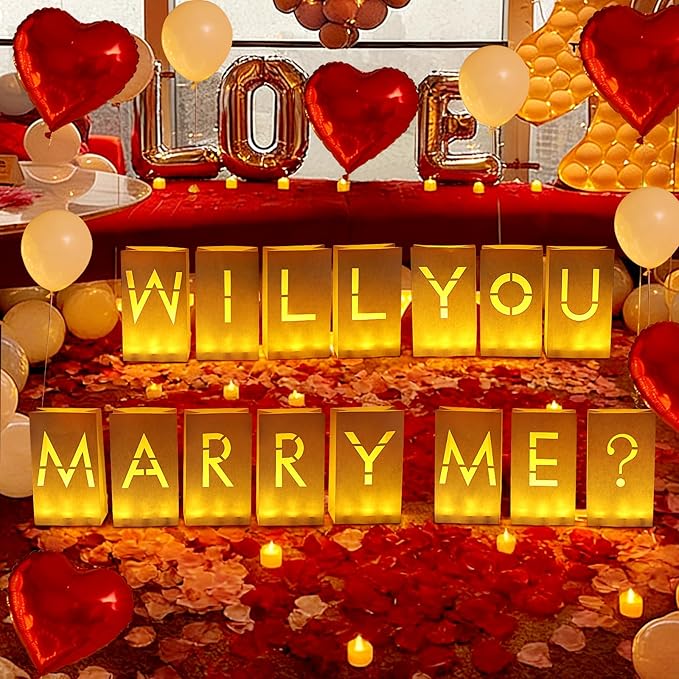 Will You Marry Me Light Up Letters, Paper Luminary Bags with LED Flameless Candles Fake Rose Petals Latex Foil Balloons for Girlfriend Women Valentines' Day Anniversary Proposal Decorations