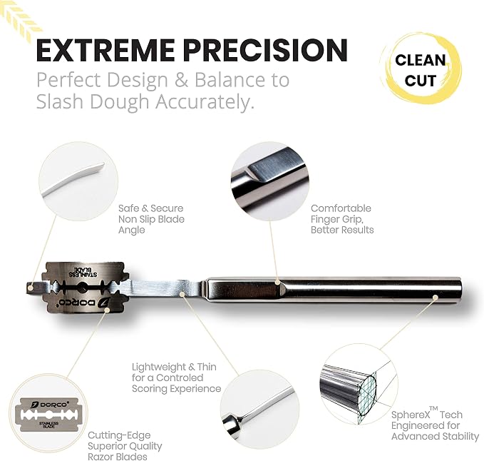 Stainless Steel Bread Lame in Gift Storage Box with Blade Protective Cover - The Most Advanced Design for Accurate Dough Scoring - 10 Premium Replaceable Blades - Built By Bakers, for Bakers