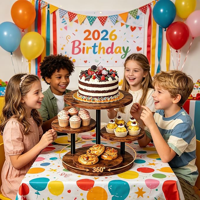 4 Tier Round Cupcake Tower Stand for 50 Cupcakes, 360° Rotating Large Wood Cake Stand with Tiered Trays Dessert Table Display Set Round Cookie Tiered Tray Stand for Wedding Birthday Graduation Party Tea Time
