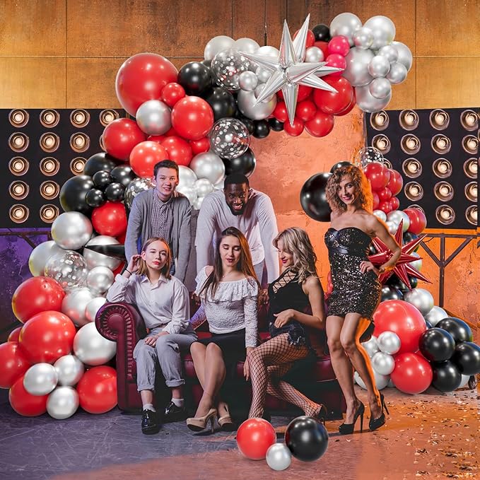 Bonropin 161pcs Red and Black Balloon Arch Kit with Explosion Star Balloons, 5/10/12/18in Red/Black and Metallic Silver Balloons Garland Kit for Birthday Prom Graduation Party Decorations