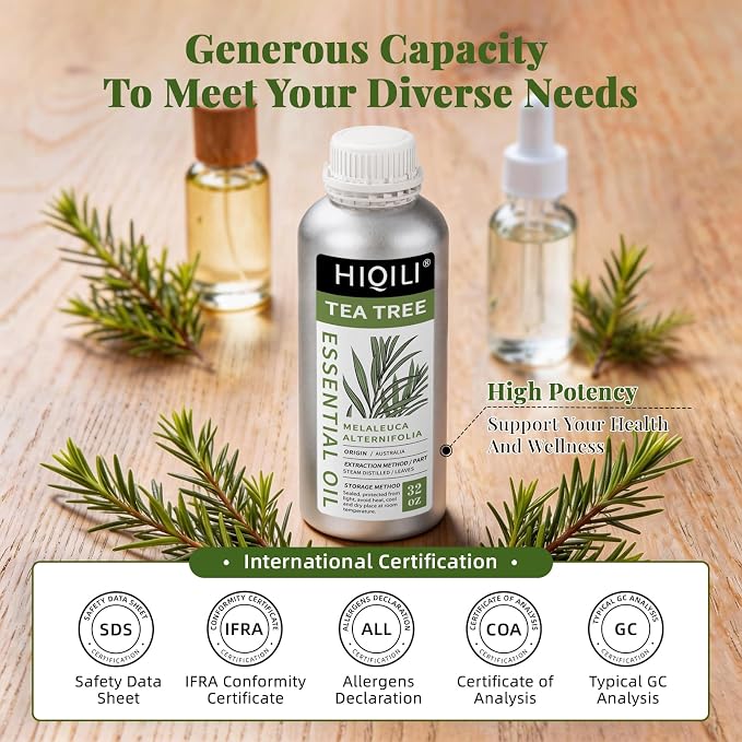 HIQILI Tea Tree Oil for Skin, Hair, Nail, Diffuser, Soap Making | Includes Four Portable Decanters - 1000mL / 32 fl.oz
