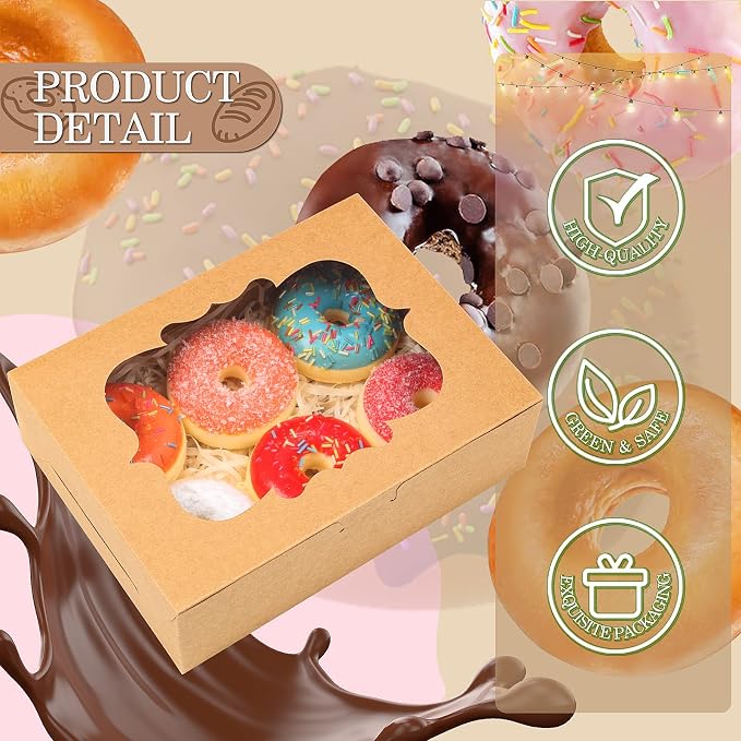 KPOSIYA 65 PCS 8x6x2.5 Inch Cookie Boxes with Window Brown Bakery Boxes Pastry Boxes for Gift Giving, Treat, Dessert, Cupcakes, Chocolate, Strawberries, Donuts, Muffins (5 Style Windows)