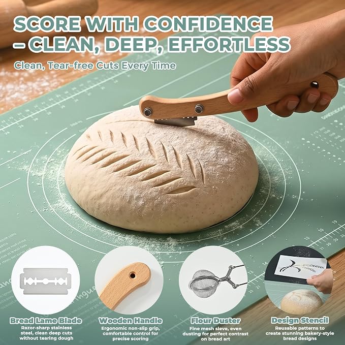 Sourdough Starter Kit – Complete Bread Baking Supplies with Round & Oval Banneton Bread Proofing Basket, Starter Jar, Bread Slings, Silicone Mat, Scrapers – Baking Tools Gift for Home Bakers