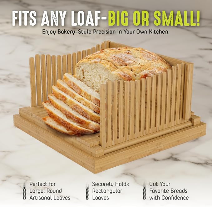 LHU Bamboo Wooden Bread Slicer for Homemade Bread Kit with Adjustable Slicer Guide, 12-Inch Bread Knife and Bread Bag- Rubber Base Grips - Sourdough Bread Cutter, Round Bread Loaf Slicer