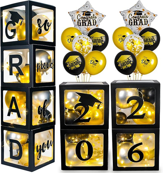 AYGXU Graduation Decorations 2026-Graduation Party Decorations,Graduation Balloons Boxes(4PCS) with LED Light Strings & Letters 2026 GRAD So Proud of You,Party Favors For Any Grades Class.