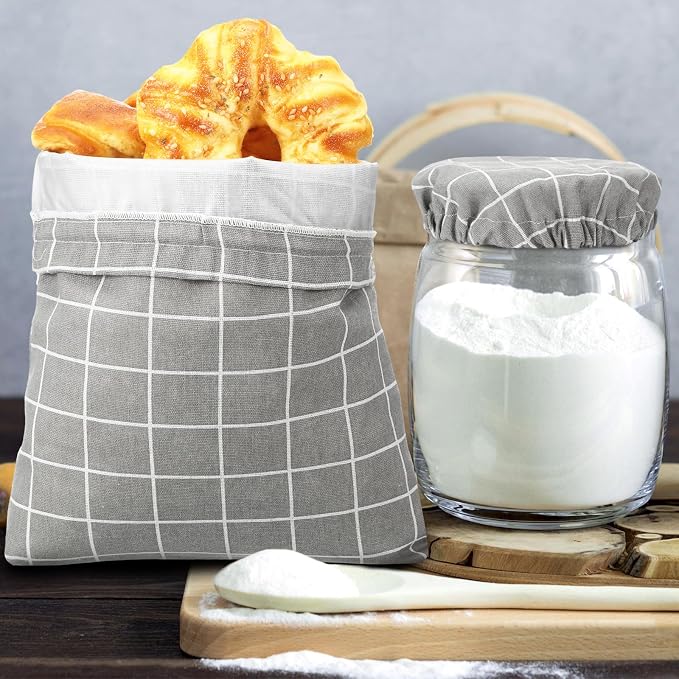 FoldTier 6 Pcs Bread Bags for Homemade Bread with Bowl Cover, 4 Linen Reusable Bread Bag TPU Plastic Lined Sourdough Bread Bags 2 Elastic Reusable Bowl Covers for Bread Proofing Cover for Storage Gray