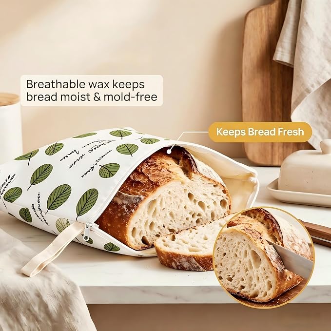 Beeswax Bread Bags for Homemade Bread&Sourdough,Reusable Bread Bags | Natural Cotton Linen Food Storage Bag to Keep Fresh,Washable Bags,L-shaped Zipper,Freezer Safe, Extra Large17"×13" 2Pack