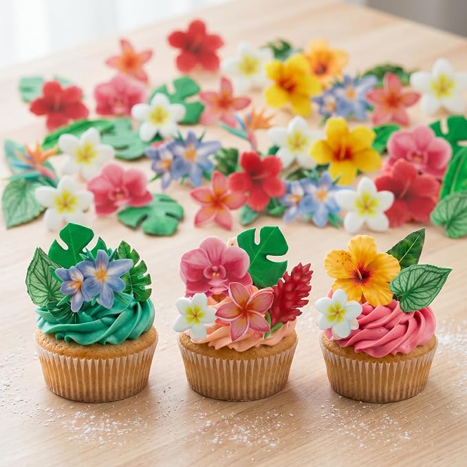 70pcs Edible Flowers Cake Decorations Tropical Hibiscus Flower & Leaf Wafer Paper Cake & Cupcake Toppers for Hawaiian Theme Birthday Party Decorating