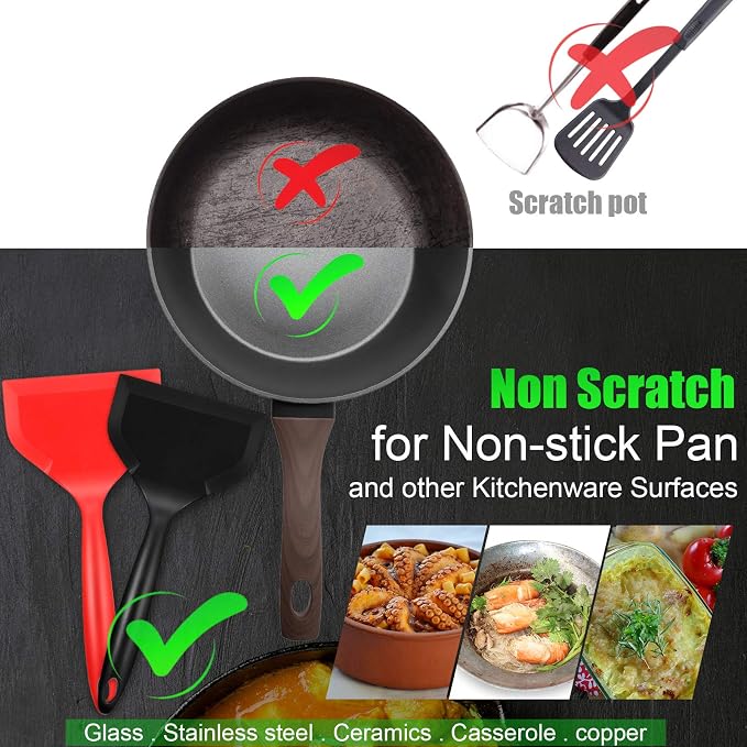 Shappy 2 Pcs Wide Spatula Tamagoyaki Omelette Silicone Shovel Turner Nonstick Fried Fish Spatula Wide Flexible Turner for Nonstick Cookware Egg Cookie Pancake(Black, Red)