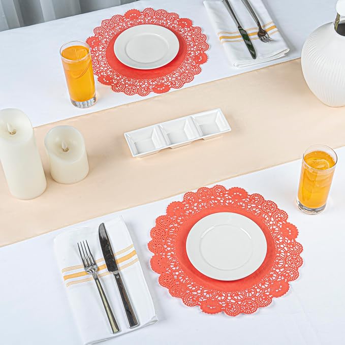 Restaurantware Pastry Tek 12 x 12 Inch Lace Doilies 100 Decorative Tableware Placemats - Disposable Round Red Paper Table Doilies For Birthdays Or Weddings Table Decor