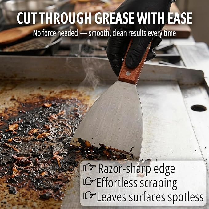 Griddle Scraper, Heavy Duty Stainless Steel Grill Scraper with Handle – Durable Griddle Scrapers for Flat Tops, Flat Top Grill Cleaner & BBQ Tools for Outdoor Grill, Easy Grease Removal (Style 03)