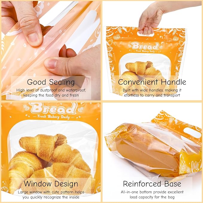 100 Pieces Plastic Bread Bags, 12.6'' x 10.6'' x 4.3'' Zippered Sourdough Bag with Clear Window Handle, Reusable Bakery Fresh Keeper Toast Packaging Holder for Homemade Bread, Cookies