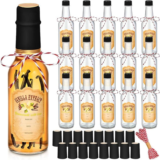 Tioncy 16 Pcs Empty Vanilla Extract Bottles for Homemade Vanilla Jar Glass Bottle with Cap, Shrink Band, Sticker DIY Crafts Wedding Gift Food Storage Canister for Bean(Black,3 oz)