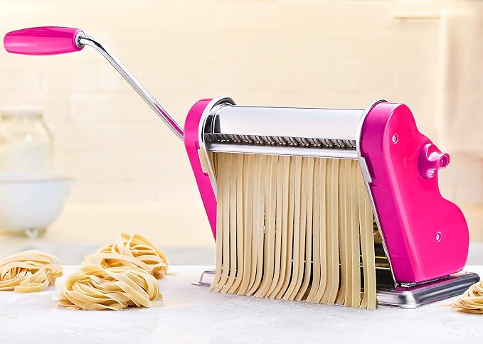 PASTALINDAClassic 200 Pasta Maker Machine, 20 cm Wide Rollers, 9 Thickness Positions, 2 Cutting Positions, Stainless Steel. Includes Reinforced Hand Crank And Two Clamps (Fuchsia)