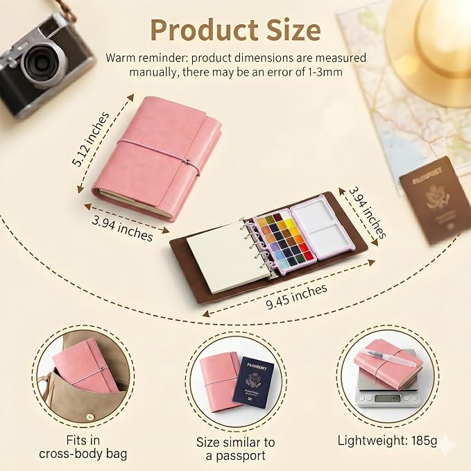 DarkWish Premium Mini Travel Watercolor Sketchbook Set - 24 Colors & Water Brush, PU Leather Urban Sketching Pocket Art Pad with 300gsm Black/White Paper, Plein Air Gift for Adults (Pink)