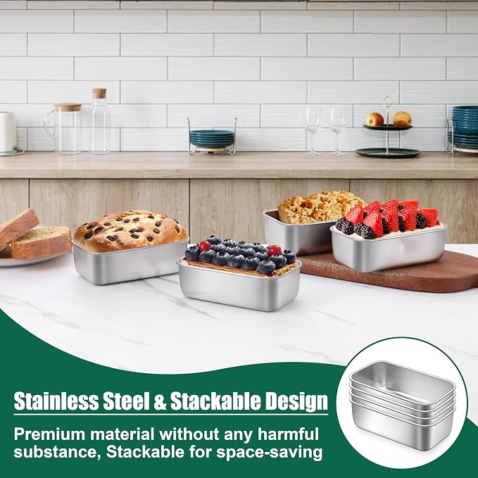 P&P CHEF Stainless Steel Mini Bread Loaf Pans, 4 PCS, Lasting & Rust-free | 6.3 x 3.5 Inch, Small Size for Air Fryer & Oven, Ideal for Bread, Meatloaf, Cake and Brownies, Food Grade, Dishwasher Safe