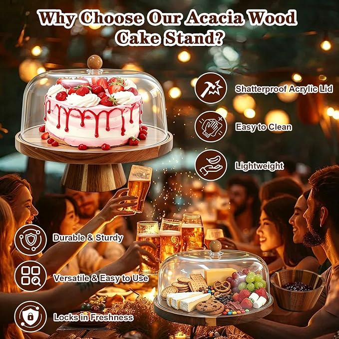 Acacia Wood Cake Stand with Lid, 11.42-inch Round Footed Display, 2-in-1 Reversible Design for Cupcakes, Charcuterie, Fruit Snacks, Weddings, Parties, Birthdays, Daily Home & Kitchen Decor