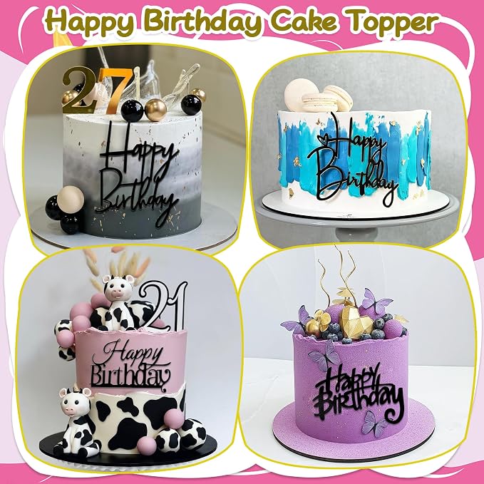 24 PCS Black Happy Birthday Cake Toppers Mirror Acrylic Side Cake Decorations 8 Styles