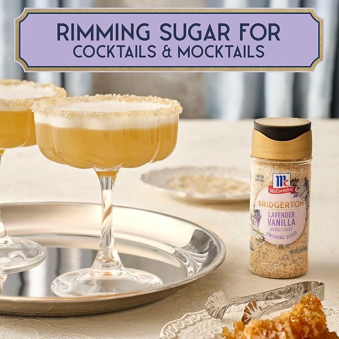 McCormick Bridgerton Finishing Sugar, Lavender Vanilla, Limited Edition, Floral Lavender Notes, Smooth Vanilla Flavor, For Cakes, Cocktails, Matcha Tea, and More, 3.45 oz