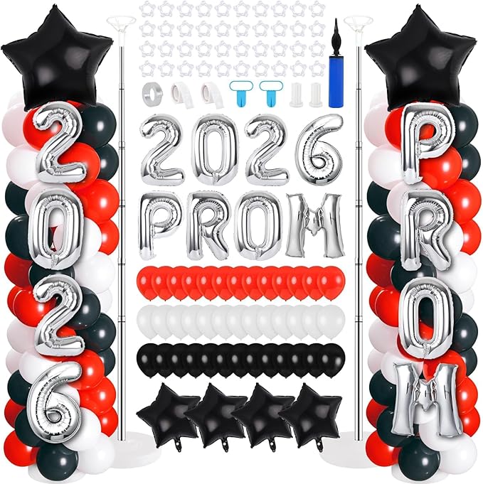 2 Sets Graduation Balloon Column Stand Kit with Balloons Prom Send off 2026 Grad Prom Themed Decoration Black Red Balloon Tower Stand for Floor Grad School & College Celebration Party Supplies