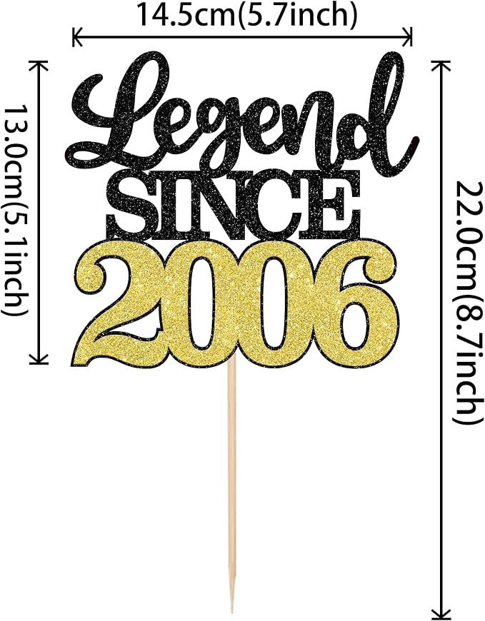1 PCS Legend Since 2006 Cake Topper Black Gold Glitter Twenty Happy 20th Birthday Cake Pick Hello 20 Cheers to 20 Years Cake Decoration for 20th Birthday Anniversary Party Decorations Supplies