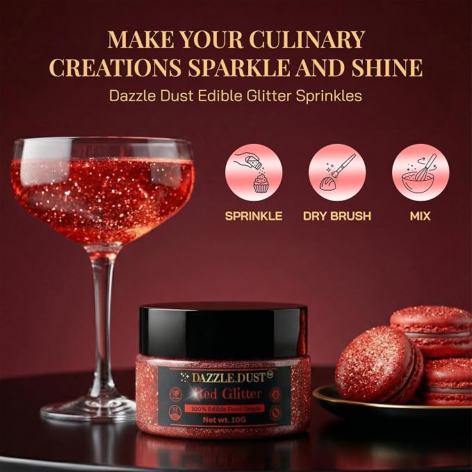 Dazzle Dust Edible Glitter Sprinkles for Cake Decorating, Drinks, Cookie, Icing, Dessert Decorations, Sparkly Luster, Food-Grade, Vegan, Gluten Free, Kosher, Bulk 10g, Red