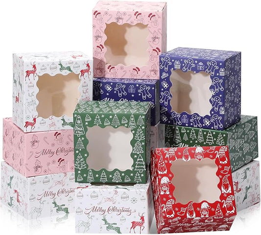 COTOPHER 30Pcs Christmas Cookie Boxes for Gift Giving, 4x4x2.5 inch Bakery Box with Window, Xmas treat Boxes for Holiday Party Favor Pastries, Cupcakes, Muffins Donuts Chocolate, Gift Wrapping